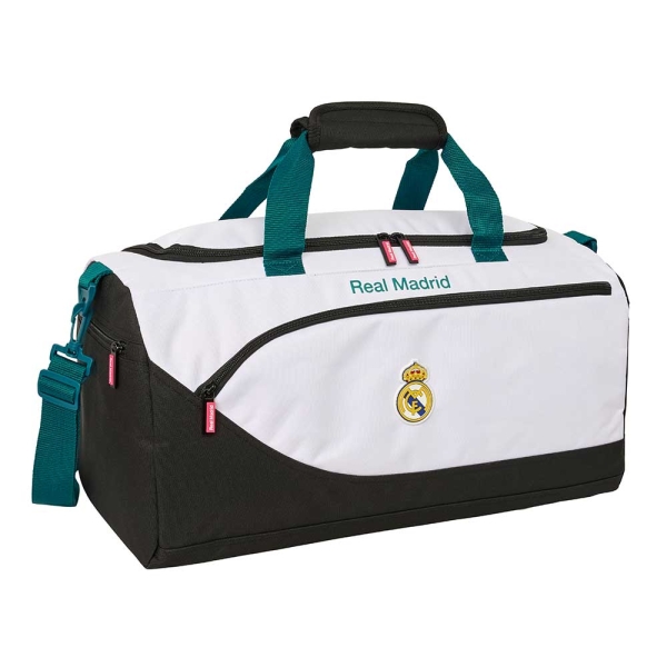 Safta Real Madrid Equipacion 26/27 Bolsa de Deporte - Bandolera Ajustable - Bolsillos Laterales y Frontal - Fondo Semirigido - Cremallera con Doble Tirador - 50x25x25cm - Color Blanco y Negro