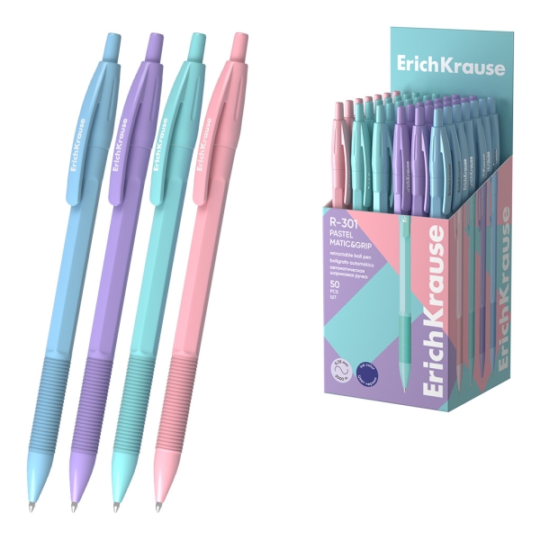 ErichKrause R-301 Matic and Grip Pastel Boligrafo Retractil - Modelos Surtidos - Trazo 0.35mm - Zona de Agarre de Goma - Color Azul · Pack de 50 uds.