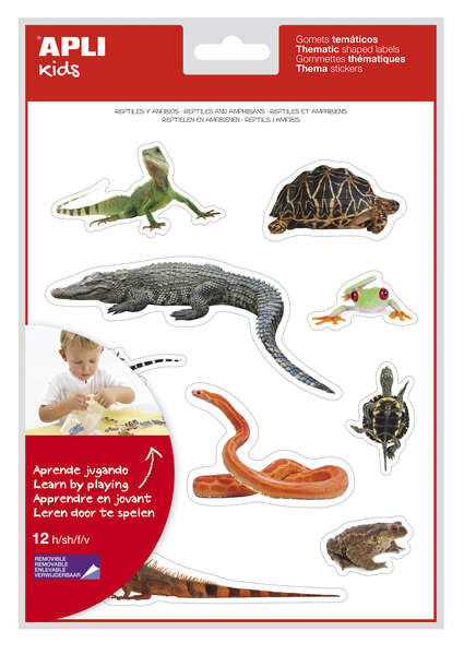 Apli Gomets Tematicos Realistas de Reptiles y Anfibios - 120 Gomets - Imagenes Realistas para Relacionar Animales - Adhesivo Removible - Ideal para Escuelas - Reciclables - Coloridos · Pack