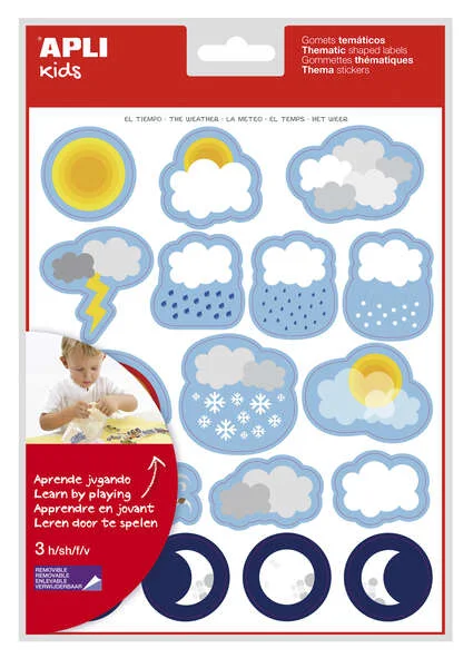 Apli Bolsa de Gomets Tematicos el Tiempo - 51 Gomets en 3 Hojas - Adhesivo Removible - Desarrollados con Educadores - Adhesivo Base Agua - Libre de Disolventes - Divertidas Ilustraciones - Enriquece Vocabulario - Habilidades Motoras - Coloridos · Pack de 