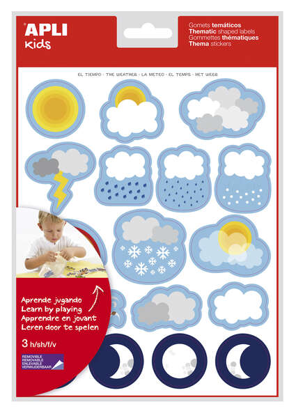 Apli Bolsa de Gomets Tematicos el Tiempo - 51 Gomets en 3 Hojas - Adhesivo Removible - Desarrollados con Educadores - Adhesivo Base Agua - Libre de Disolventes - Divertidas Ilustraciones - E