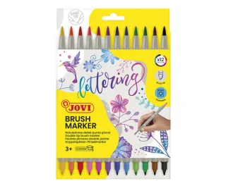 Jovi Brush Marker Pack de 12 Rotuladores Doble Punta - Punta Pincel 4,5mm y Punta Rigida 2,5mm - Tinta Base Agua - Ideal para Lettering - Colores Surtidos