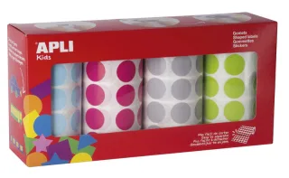 Apli Pack de 4 Rollos de Gomets Redondos Ø 20mm - 1770 Gomets por Rollo - Adhesivo Permanente - 7080 Gomets en Total - Ideales para Escuelas Infantiles - Colores Azul Claro, Fucsia, Gris y V