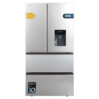 Cecotec Bolero CoolMarket FD 510 WD Inox E Frigorifico Puerta Francesa de 4 Puertas - Capacidad 506L - Compresor Inverter - Total Nofrost - Dispensador de Agua - Frio Envolvente - 183x84cm -