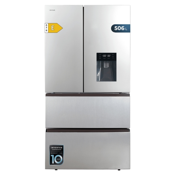 Cecotec Bolero CoolMarket FD 510 WD Inox E Frigorifico Puerta Francesa de 4 Puertas - Capacidad 506L - Compresor Inverter - Total Nofrost - Dispensador de Agua - Frio Envolvente - 183x84cm -