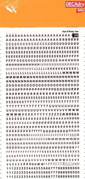 Apli Letras y Numeros Transferibles Super 3mm 997 Caracteres - Negros Brillantes