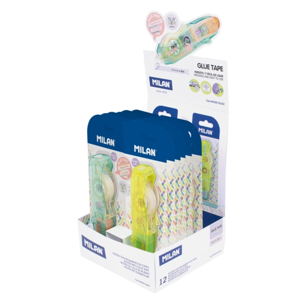 Milan New Look Expositor con 12 Blisters de Pegamento en Cinta - Multiusos - Multisuperficies - 8.4mm x 8m - Colores Surtidos