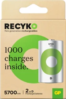 GP ReCyko Pack de 2 Pilas Recargables 5700mAh D 1.2V - Precargadas - Ciclo de Vida: Hasta 1000 Veces