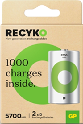GP ReCyko Pack de 2 Pilas Recargables 5700mAh D 1.2V - Precargadas - Ciclo de Vida: Hasta 1000 Veces