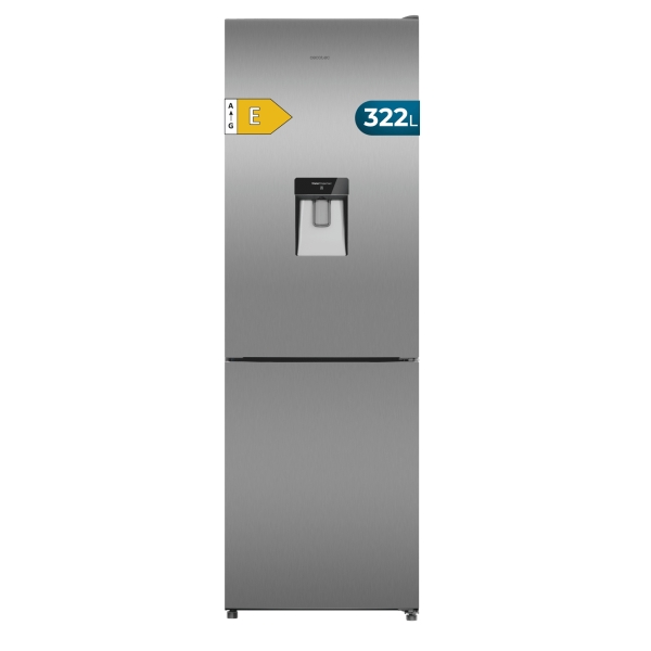 Cecotec Bolero CoolMarket Combi 322i WD Inox E Frigorifico Combi - Deposito de 322L - Luz LED - Total Nofrost - Acero Inoxidable - Frio Envolvente - Dispensador de Agua - 59.5x185.5cm - Colo