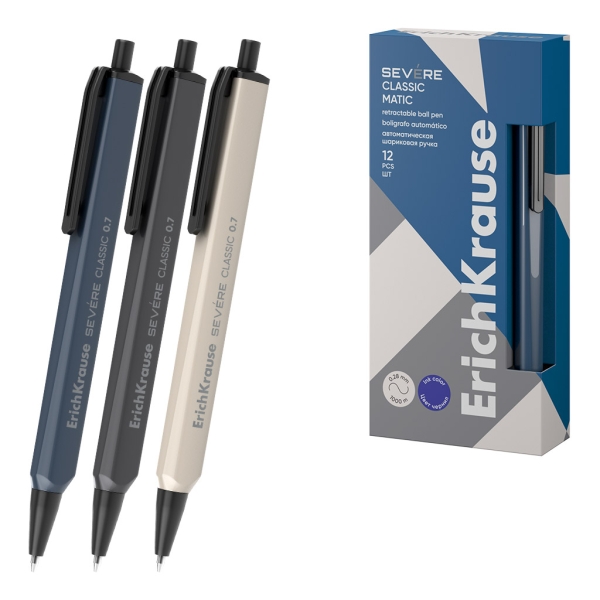 ErichKrause Severe Matic Classic Boligrafo con Capuchon - Modelos Surtidos - Trazo 0.28mm - Color Azul · Pack de 12 uds.