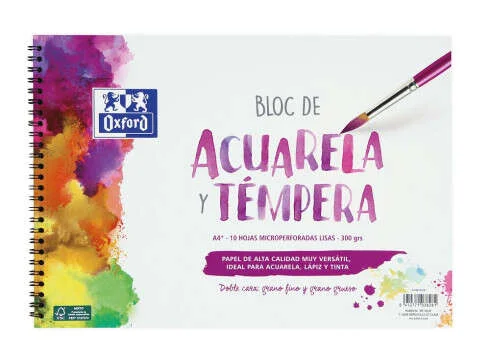 Oxford Bloc de Acuarela y Tempera Escolar Espiral Formato A4+ Liso - 10 Hojas Microperforadas 300gr Color natural - Papel de Doble Cara: Grano Grueso y Grano Fino · Pack de 5 uds.