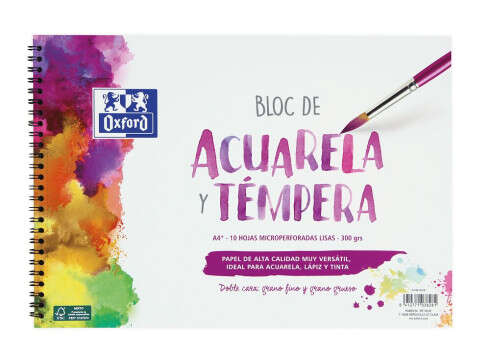 Oxford Bloc de Acuarela y Tempera Escolar Espiral Formato A4+ Liso - 10 Hojas Microperforadas 300gr Color natural - Papel de Doble Cara: Grano Grueso y Grano Fino · Pack de 5 uds.