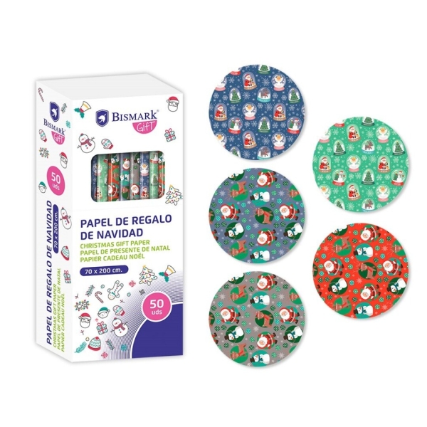 Bismark Navidad Papa Noel Rollo de Papel Regalo - Medidas 70cmx200cm - 5 Diseños Diferentes · Pack de 50 uds.