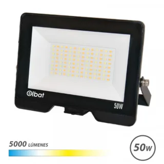Elbat Serie Lumax Foco LED - Potencia 50W - Flujo Luminoso 5000lm - CCT 3 en 1 - 3000K / 4000K / 6500K - IP65 - Apertura 120º - Exterior - Vida Util hasta 50.000h - 174x126x25mm - Color Negr
