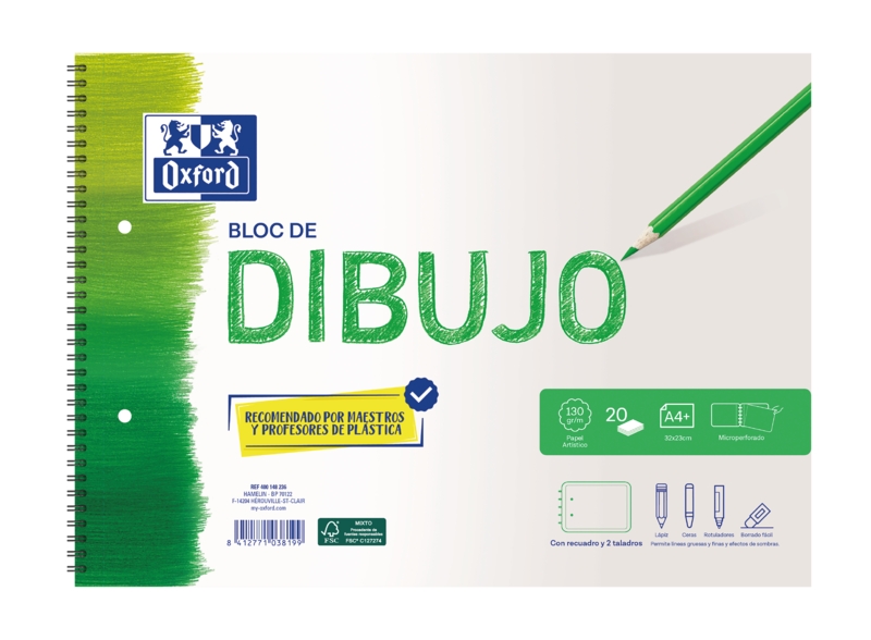 Oxford Dibujo Escolar Bloc Espiral Dibujo A4+ - Tapa Blanda/Contratapa Rigida - 20 Hojas 130gr - con Recuadro y 2 Taladros · Pack de 5 uds.