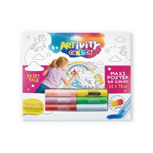 Carioca Artivity Fairy Tale Poster Maxi para Colorear - Tamaño 90x60cm - Incluye 6 Temperas Solidas Temperello