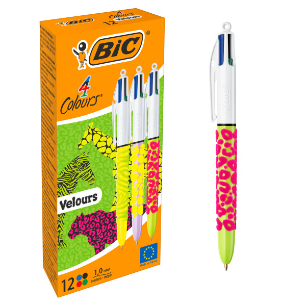 Bic 4 Colours Velours Boligrafo de Bola Retractil - Punta Media de 1.0mm - Tinta con Base de Aceite - Cuerpo con Relieve Suave al Tacto - 4 Colores de Tinta · Pack de 12 uds.