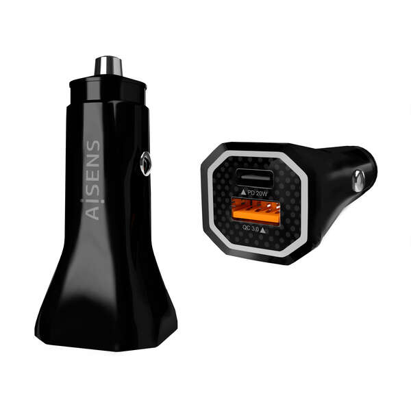 Aisens Cargador de Coche 38W,1xUSB-C PD3.0 20W,1xUSB-A QC3.0 18W - Color Negro