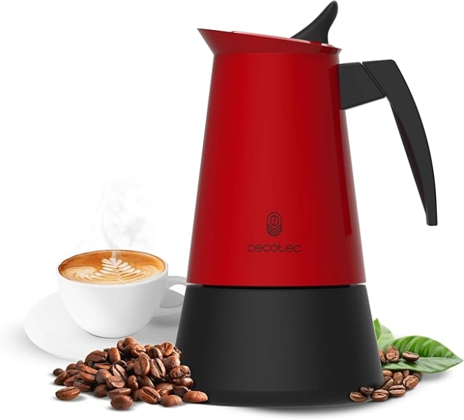 Cecotec Piccolina 600 Cafetera Italiana para 6 Tazas de Acero Inoxidable - Capacidad de 300ml - Junta de Silicona - Compatible con Todo Tipo de Cocinas - Valvula de Seguridad - Color Negro y