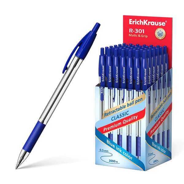 Erichkrause R-301 Classic Matic&Grip Boligrafo Retractil Punta de 1.0mm - Trazo 0.5mm - Grip de Agarre - Tinta de Secado Rapido - Color Azul · Pack de 50 uds.