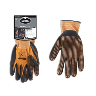 Cegasa Guantes de Trabajo Talla 9 - Fabricados en Nylon con Recubimiento de Foam con Dots de Nitrilo en Palma - Color Negro/Naranja