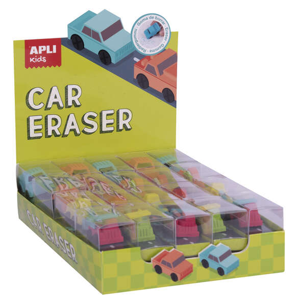 Apli Goma de Borrar Coche Modelos Surtidos - Forma de Coche Que Sirve para Borrar y Jugar - Modelos de Coche, Camion y Dos Excavadoras en Diferentes Colores · Pack de 20 uds.