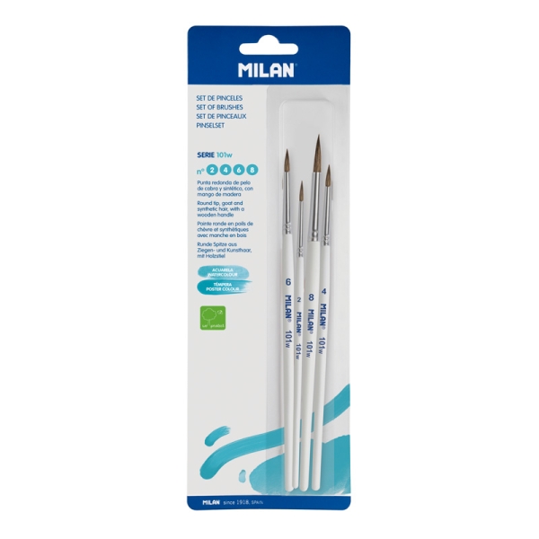 Milan 101W Pack de 4 Pinceles Redondos - Pelo de Cabra y Sintetico - Formatos Surtidos - Color Blanco