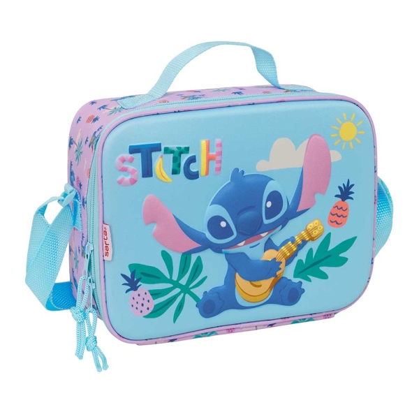 Safta Stitch Bolsa Isotermica Porta Alimentos - Frontal 3D - Cremallera - Bandolera Ajustable - Asa de Mano - 25x19.5x9cm - Color Azul Pastel