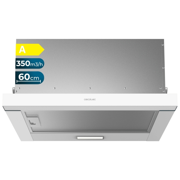 Cecotec Bolero Flux TLM 603500 White A Campana Extractora Telescopica de 60cm - 70W - Succion 350m3/h - Luz LED - Incluye Accesorios - Kit de Montaje - Filtros de Carbono Incluidos - Color B