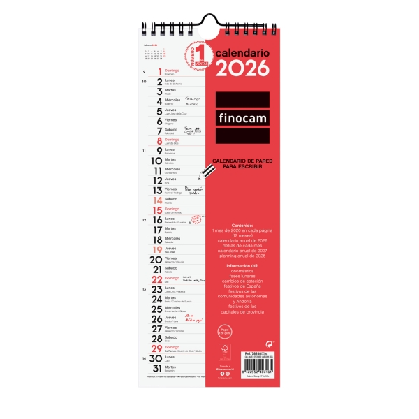Finocam Calendario de Pared - Anual 2026 - Formato Largo M - 130x5x335mm - Espacio para Escribir - Color Blanco y Rojo