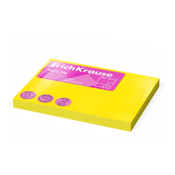 ErichKrause Neon Bloc de 100 Notas Adhesivas Reposicionables - Papel de 75g/m2 - 75x100mm - Pegamento a Base de Agua - Color Amarillo · Pack de 12 uds.