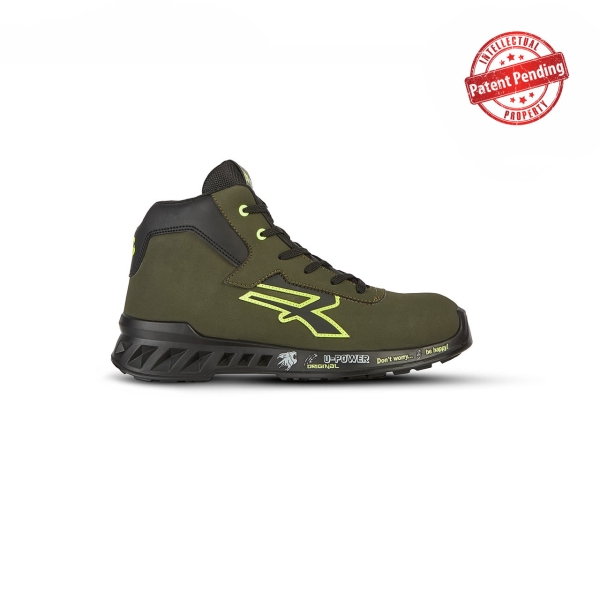 Upower Tyler S ESD Calzado de Seguridad Altos Ligeros - Talla 35 - Puntera AirToe Aluminio, Empeine Hidrorrepelente, Suela Antideslizante, Antiabrasion, Antiaceite, Antiestatica, Clase S3S CI FO SR - Color Verde Oliva/Amarillo
