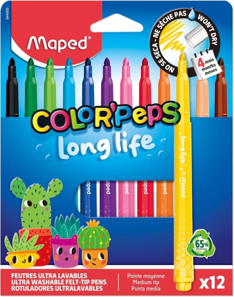 Maped Color`Peps Longlife Pack de 12 Rotuladores con Punta Media Bloqueada 3.7mm - Tinta Lavable - Colores Surtidos