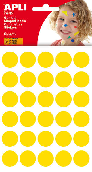 Apli Bolsa de 180 Gomets Redondos Ø 20mm - Adhesivo Permanente - Desarrollo de Habilidades y Creatividad - Ideal para Escuelas Infantiles - Color Amarillo · Pack de 10 uds.