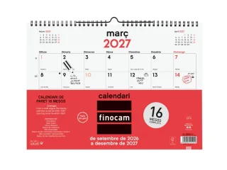 Finocam Neutro Calendario de Pared en Catalan - 16 Meses - Mes Vista - Formato L - 340x240mm - Espiral Doble Metalica - Papel de 120g/m2 - Listado de Festivos - Color Rojo/Blanco