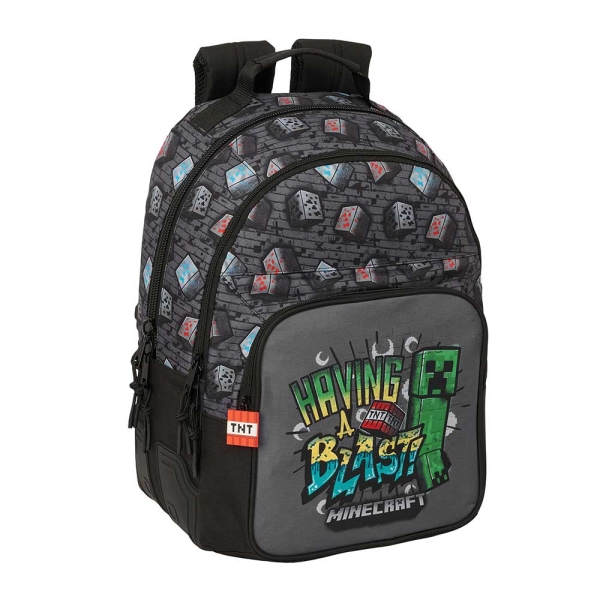 Safta Minecraft Graffiti Mochila - Adaptable a Carro - Bolsillo Frontal - Portabotellas - Cremallera con Doble Tirador - Asa de Mano - Hombreras y Espalda Acolchada - 32x42x15cm - Color Gris