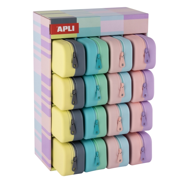 Apli Nordik Bicolor Expositor de 16 Estuches de Silicona Rectangulares Bicolor - Cremallera Repelente al Agua - Medidas 75x185x55mm - Colores Pastel Surtidos