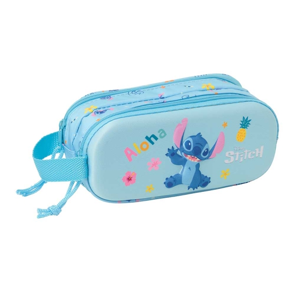 Safta Stitch Estuche Portatodo 3D de 1L - 2 Compartimentos - Cierre de Cremallera - Asa de Mano - 21x8x6cm - Color Azul Claro
