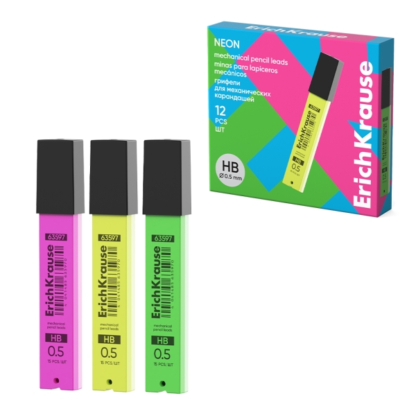 ErichKrause Neon Minas de Repuesto para Portaminas - 15 Unidades por Envase - 0.5mm en Grado HB - Colores Surtidos · Pack de 12 uds.