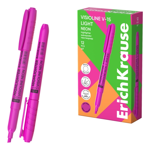 ErichKrause Visioline V-15 Light Neon Marcador Fluorescente - Punta Biselada - Trazo de 0.6 a 3.5mm - Color Rosa · Pack de 12 uds.