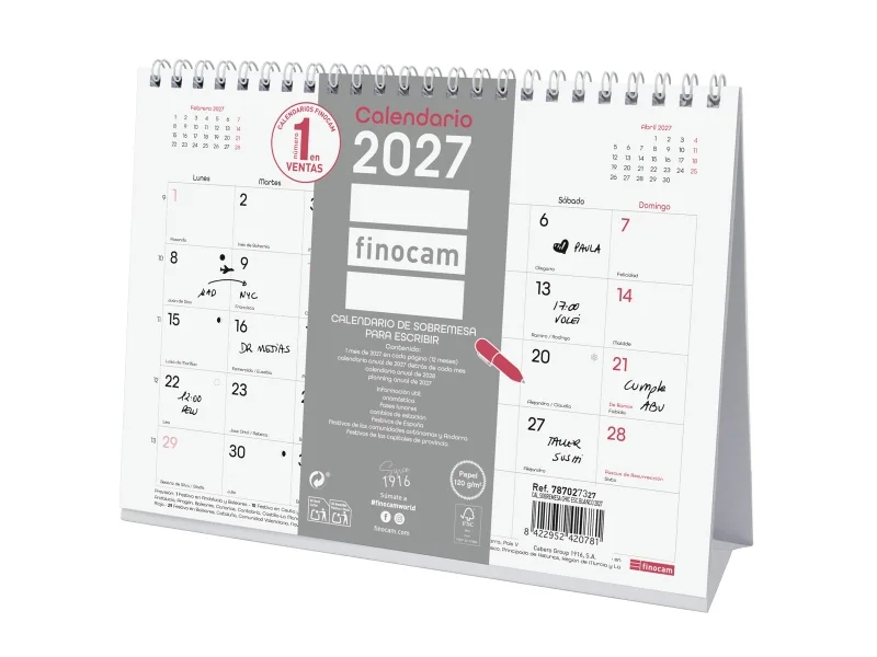 Finocam Trendy Chic Calendario de Sobremesa - Anual 2027 - Mes Vista - Formato S - 210x150mm - Espiral Doble - Papel de 120g/m2 - Espacio para Escribir - Color Blanco