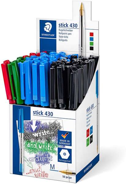 Staedtler Stick 430 Boligrafo de Bola Punta 0.35mm - Tinta Endeleble - Colores Surtidos · Pack de 50 uds.