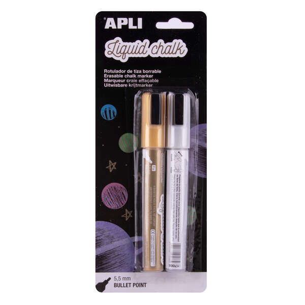 Apli Pack con 2 Rotuladores de Tiza Liquida - Punta Redonda de 5.5mm - Ideal para Pizarras, Plastico, Ventanas, etc... - Facil de Borrar - Secado Rapido - Colores Oro y Plata