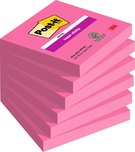 Post-It Super Sticky Pack de 6 Blocs de 90 Notas Adhesivas Reposicionables - Forma Cuadrada - 76x76mm - Color Rosa