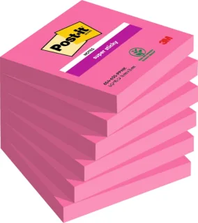 Post-It Super Sticky Pack de 6 Blocs de 90 Notas Adhesivas Reposicionables - Forma Cuadrada - 76x76mm - Color Rosa