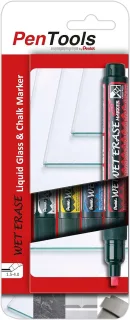 Pentel PenTools Pack de 4 Rotuladores de Tiza Liquida Wet Erase - Punta Biselada Reversible 2-4mm - Resistente a la Intemperie sobre Vidrio - Colores Blanco, Azul, Amarillo y Rojo