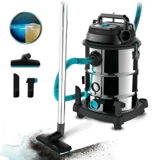 Cecotec Conga Rockstar Wet and Dry Steel Pro Aspirador de Trineo para Solidos y Liquidos - 1600W - Deposito 30L - Funcion de Soplado - Filtros Duales - Ruedas de Goma - Acero Inoxidable