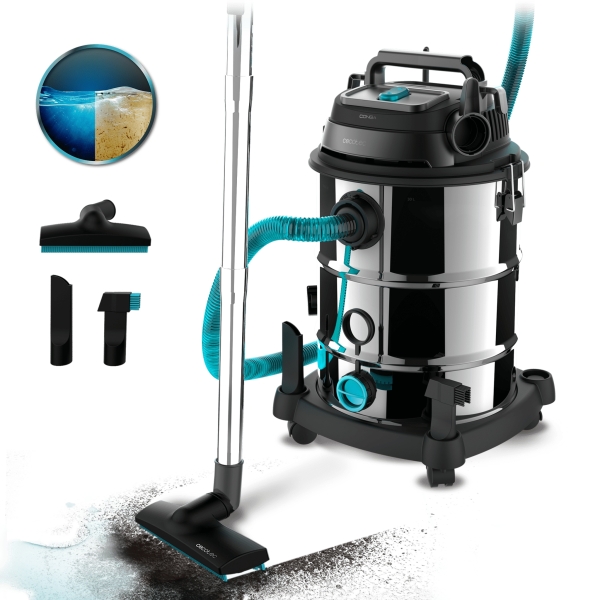Cecotec Conga Rockstar Wet and Dry Steel Pro Aspirador de Trineo para Solidos y Liquidos - 1600W - Deposito 30L - Funcion de Soplado - Filtros Duales - Ruedas de Goma - Acero Inoxidable