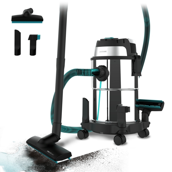 Cecotec Conga Rockstar Wet and Dry Steel Aspirador de Trineo para Solidos y Liquidos - 1200W - Carcasa Metalica - Deposito de 16L - Funcion de Soplado - Incluye Accesorios Multiples - Acero